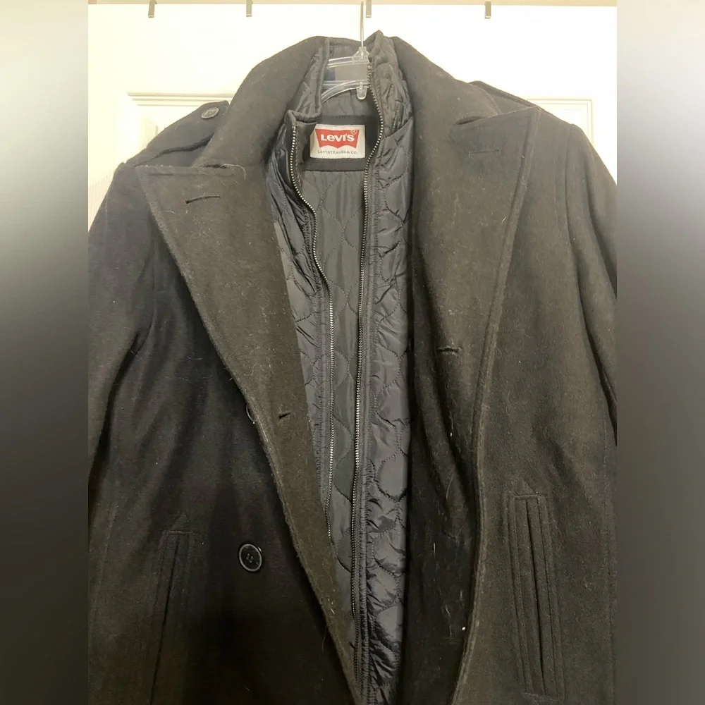 LEVI'S Mens Double Breasted Coat Wool Coat Size M.  Has Paint In Inside Of Coat